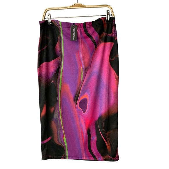 Pretty Little Thing Y2K Pencil Skirt Women Size 14 Purple Abstract Print Stretch - Picture 1 of 6